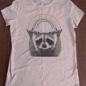 Large white raccoon rainbow cat and jack t-shirt